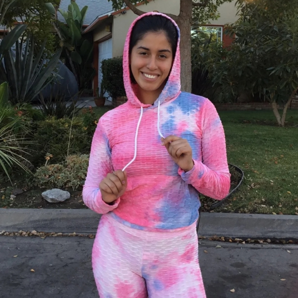 Pink tie dye workout sweater and leggings